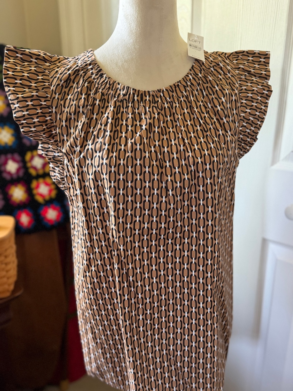 LOFT Tan and Black Chain-Link Flutter Sleeve Blouse
